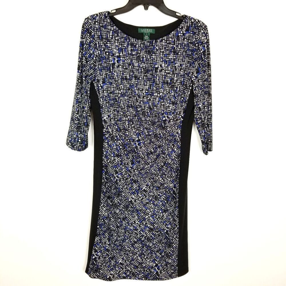 Lauren Ralph Lauren Women Printed Jersey Dress‎ Size 12 Sheath Blue Black